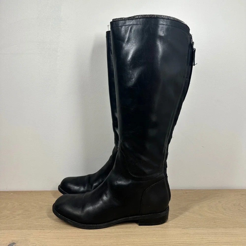 Nine West Boots Women 7.5 Black Leather Knee High Riding Classic Minimalist